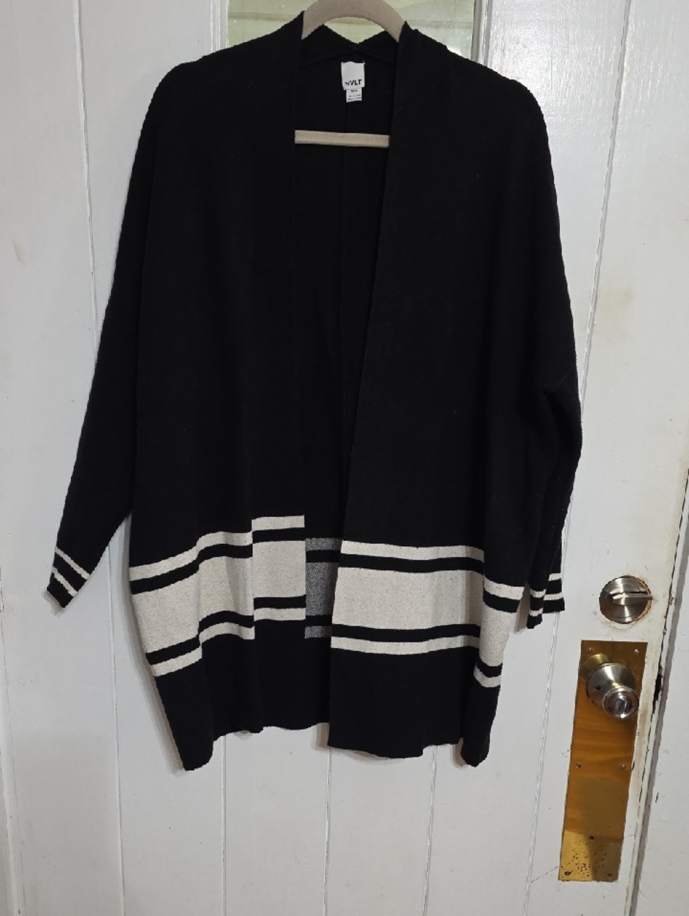 NVLT Women's Cardigan Sweater Black/White Stripes Open Front Cozy Sz M GUC *READ